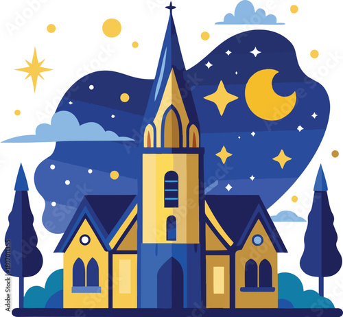 church with a starry  night-sky  white background