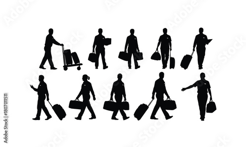 Diverse collection of hotel staff members in various poses each silhouette isolated on white background carrying luggage
