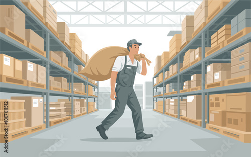 Warehouse worker carrying a sack of goods, illustration