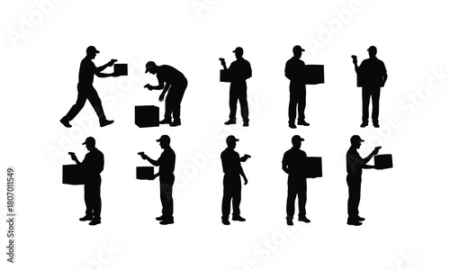 A diverse collection of courier and parcel scanning poses presented as a clean silhouette isolated on white background for easy integration into various design projects