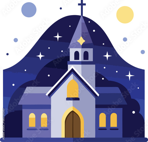 church with a starry  night-sky  white background