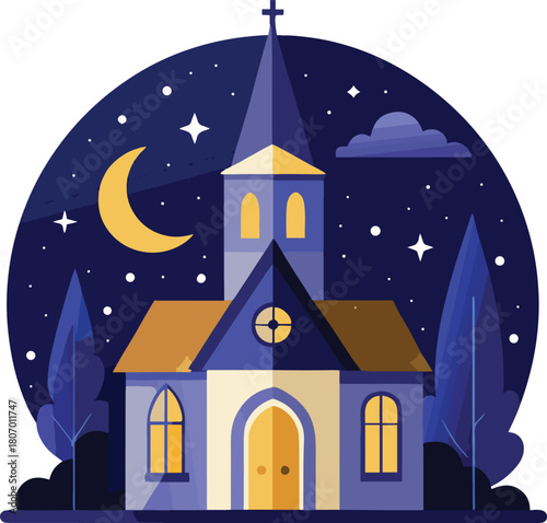 church with a starry  night-sky  white background