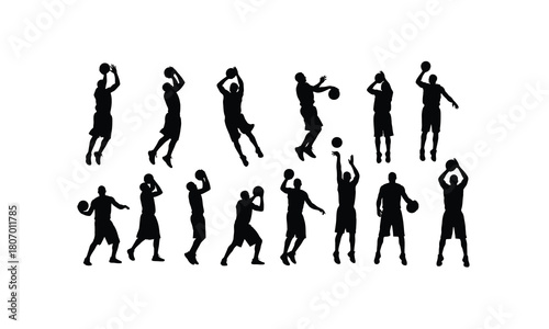 Dynamic silhouette collection of basketball players executing various shooting poses and actions isolated on white background