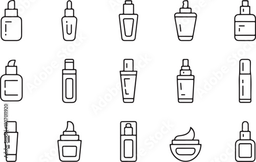 Serum bottle of cosmetics and skincare line art icon set. Flat black color editable line vector illustration