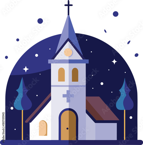 church with a starry  night-sky  white background