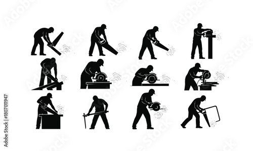 A diverse collection of carpenter cutting wood poses showcasing various actions and tools presented as a silhouette isolated on white background