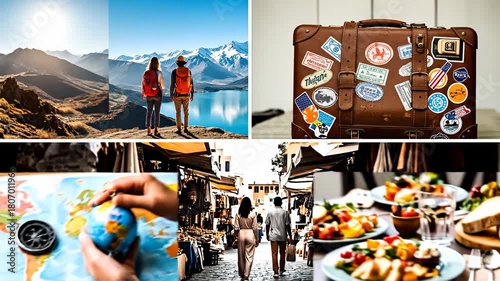 A collage of travel-related images including mountain landscapes, hikers, a vintage suitcase, a globe, a bustling street, and diverse food.