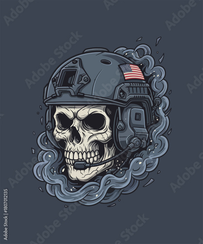 Skull in tactical helmet with American flag and smoke illustration on a dark grey background graphic resource