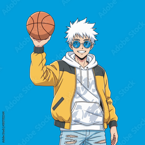 An anime-style illustration of a young man with spiky white hair and sunglasses holding a basketball.