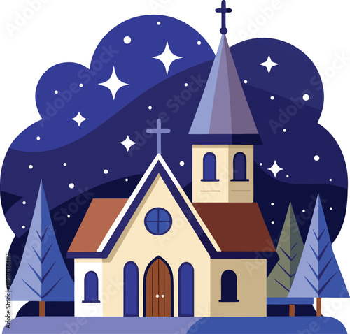 church with a starry  night-sky  white background