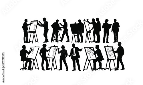 A diverse collection of fashion designer sketching various poses and styles presented as a silhouette isolated on white background