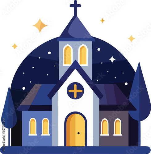 church with a starry  night-sky  white background
