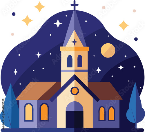 church with a starry  night-sky  white background