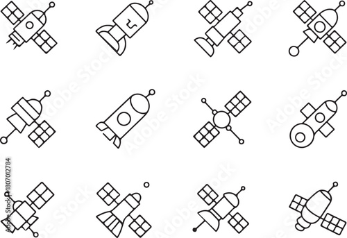 Space probe of spaceship and astronomy line art icon set. Flat black color editable line vector illustration