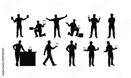 A collection of diverse salesperson figures demonstrating various sales processes and product presentations isolated on white background silhouette