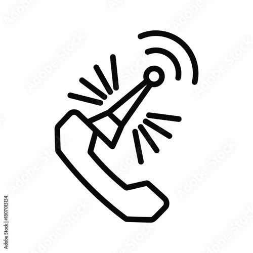 Outline icon of a telephone handset with a signal tower emitting radio waves, isolated on