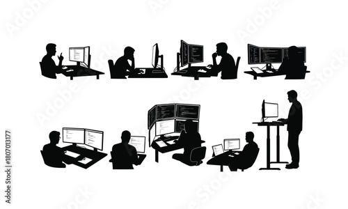 Diverse collection of software developer coding poses and actions presented as a silhouette isolated on white background