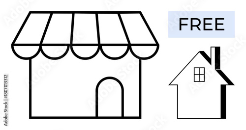 Black outlined shop with striped awning and house drawing with FREE text. Ideal for e-commerce, home business, property deals, affordability, online stores, startups, or community support. Simple