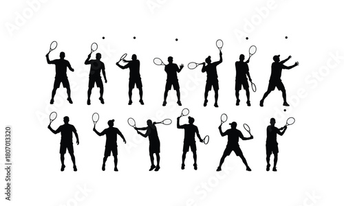 A dynamic collection of tennis player serving in various athletic poses presented as a clean silhouette isolated on white background