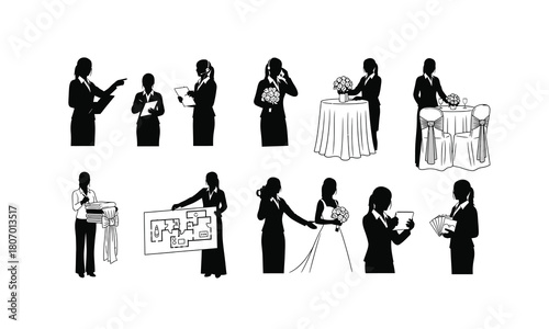 A comprehensive collection of wedding planner icons and illustrations depicting various event organization poses isolated on white background silhouette