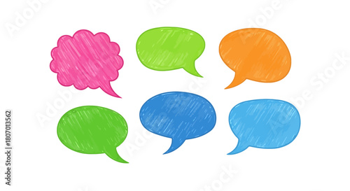 Vibrant hand-drawn speech and thought bubbles in various colors and shapes, perfect for illustrating communication, dialogue, conversation, and messaging concepts