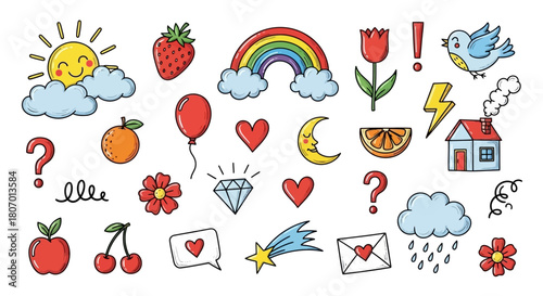Whimsical collection of cute hand-drawn doodle icons featuring everyday objects, nature elements, and playful symbols, perfect for creative projects and graphic design