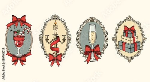 Elegant vintage holiday illustrations set featuring ornate framed badges with festive cocktails, champagne flutes, gifts, and a classic candelabra, perfect for seasonal designs and celebrations