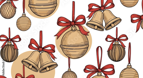 Festive seamless pattern of classic Christmas ornaments, featuring sketched baubles and bells adorned with red ribbons, ideal for holiday season backgrounds and traditional designs