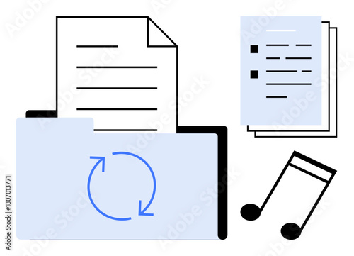 Documents in and out of folder with sync icon, checklist pages, music notes. Ideal for file management, collaboration, data synchronization, productivity, organization, digital tools themes simple