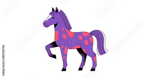 Charming purple horse illustration featuring vibrant pink polka dots, a spirited and imaginative equine graphic perfect for joyful designs and children's projects