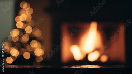 Cozy fireplace burning on Christmas night in warmly lit home interior, seamless loop animation for festive atmosphere