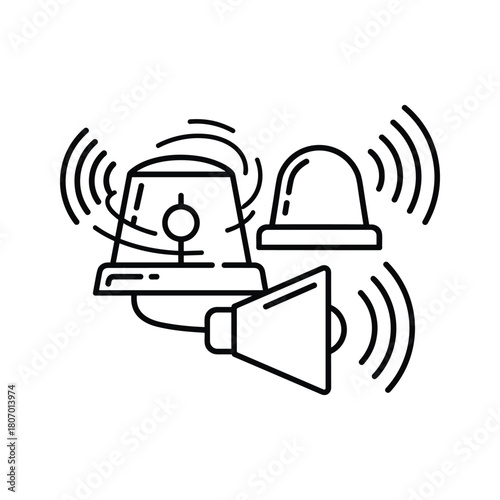 Line art icon of a siren and a megaphone emitting sound waves, isolated on