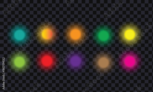 Collection of colorful blurred light orbs on a dark transparent background