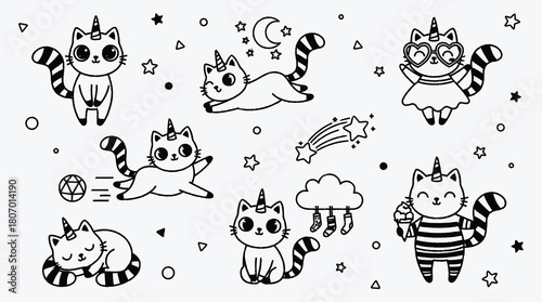 Adorable unicorn cat cartoon characters vector seamless pattern background illustration