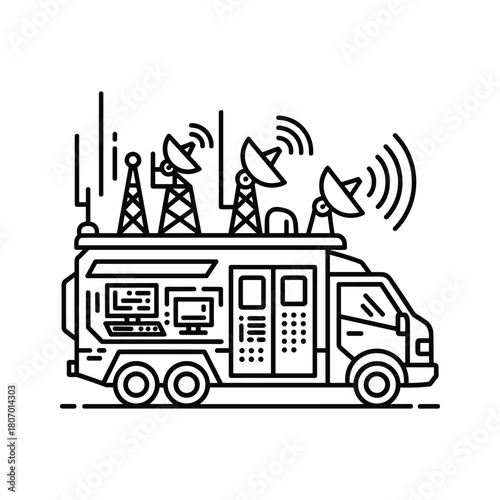 Mobile broadcast van with satellite dishes and antennas, symbolizing communication and broadcasting