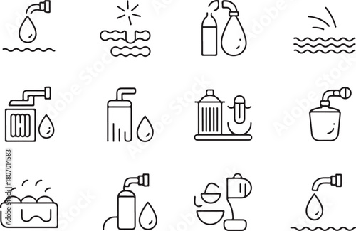 Wastewater treatment of clean water and sanitation line art icon set. Flat black color editable line vector illustration