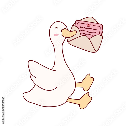 Goose or duck flying and delivering an open love letter in an envelope, symbolizing romance and fast mail.