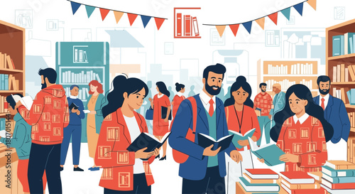 A Colorful Depiction of Individuals Immersed in Reading at a Bustling Book Fair or Bookstore
