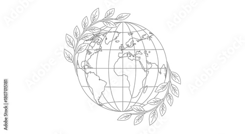 A grayscale globe outline encircled by verdant branches signifying environmental harmony and