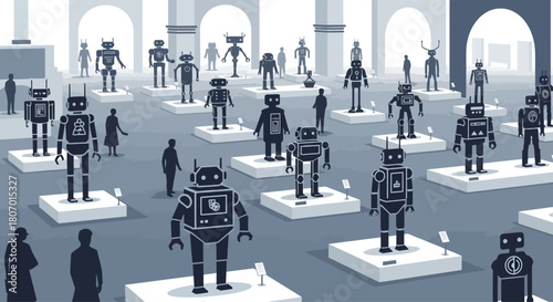 An artistic museum exhibition featuring a diverse collection of vintage style robots