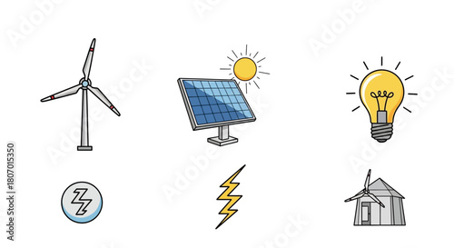 Alternative energy sources illustrated icons, a modern approach to sustainability and