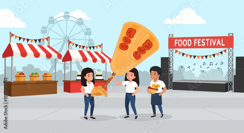 Animated food fair scene featuring vendors, food stalls, stage and a ferris wheel adding fun to