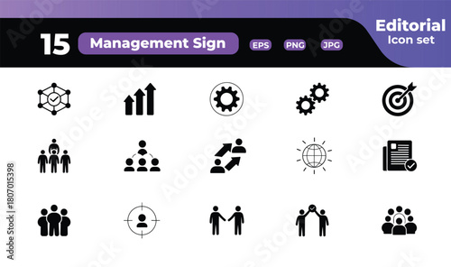 Management and Business Strategy Icons Collection for Success and Growth Featuring Teamwork Goals and Global Connections for Professional Visual Communication