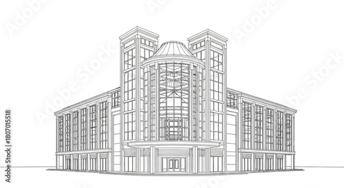 Architectural visualization showcasing a modern building design blueprint or sketch rendering