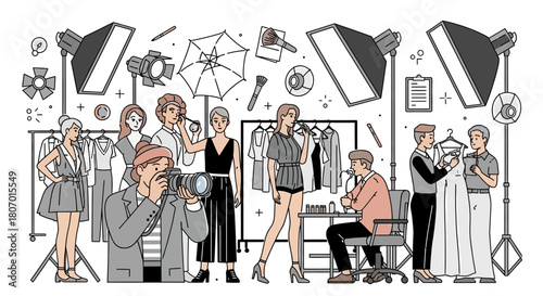 Behind the scenes in the fashion industry illustration showcasing roles in a studio environment