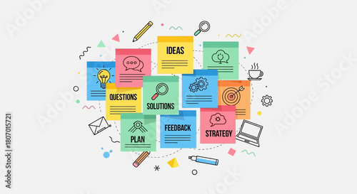 Colorful sticky notes with diverse business concepts symbolizing collaborative creative thinking