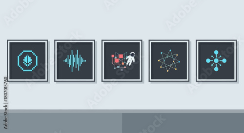 Contemporary Art Gallery Featuring Abstract Science and Technology Themed Illustrations