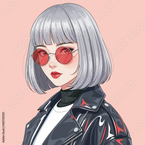 Illustration of a stylish young woman with silver bob hair, red sunglasses, and a black leather jacket on a pink background.