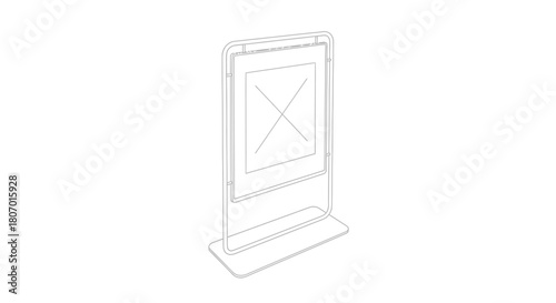 Detailed line drawing of a metal poster stand with placeholder graphic indoors