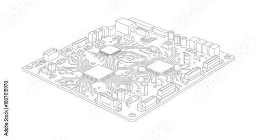Detailed motherboard circuit drawing showcasing intricate connections and components